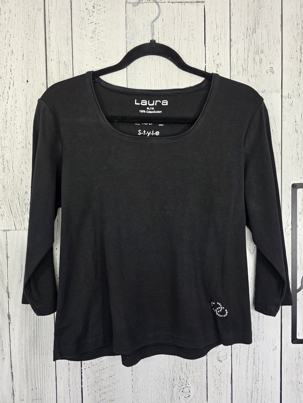 Y2K Laura Black 100% Cotton 3/4 Sleeve Rhinestone Top Size M, Classic, Casual